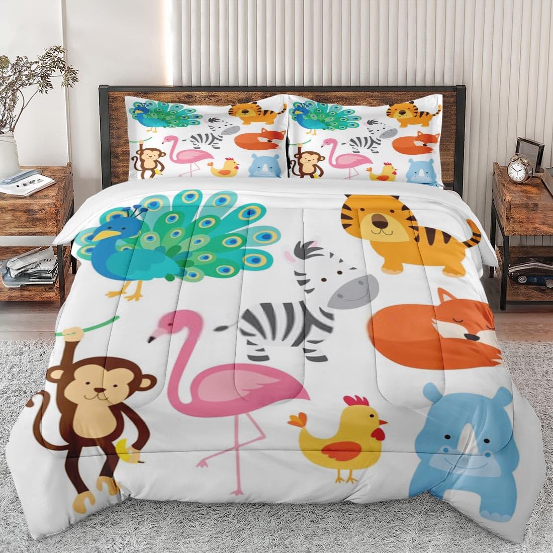 King Size Comforter Set - Cute Animal Peacock Flamingo Soft Bedding for Kids & Adults, Zebra Tiger Fox Print with 2 Pillowcases | Cozy Bedroom Decor for Guest Room, Dorm, or Master Suite