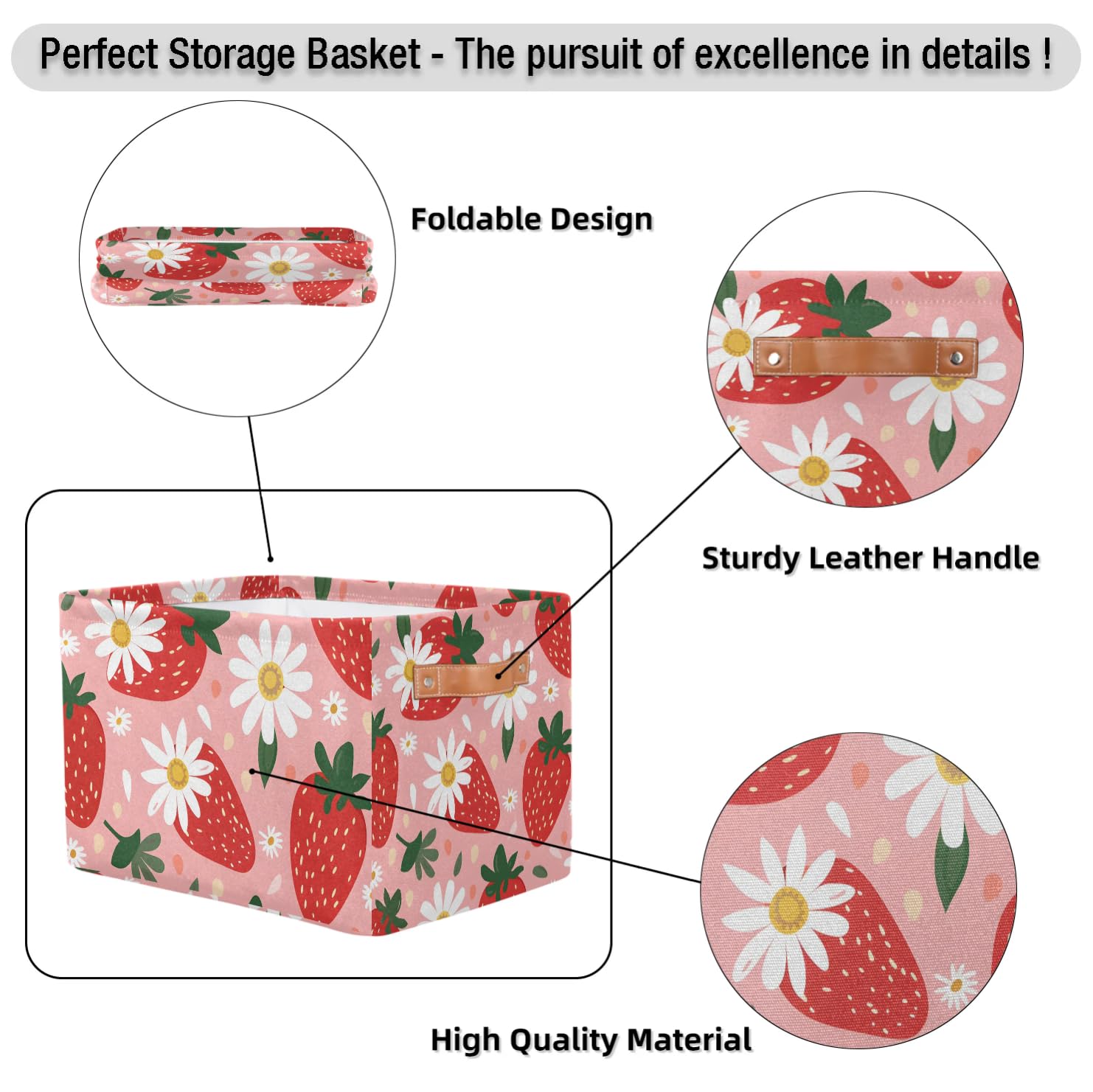 Strawberry Daisy Large Fabric Storage Baskets with Handles - 2 Pack Collapsible Closet Organizers for Shelves | Home Organization for Clothes, Toys & More | Perfect for Bedroom, Nursery & Playroom Storage