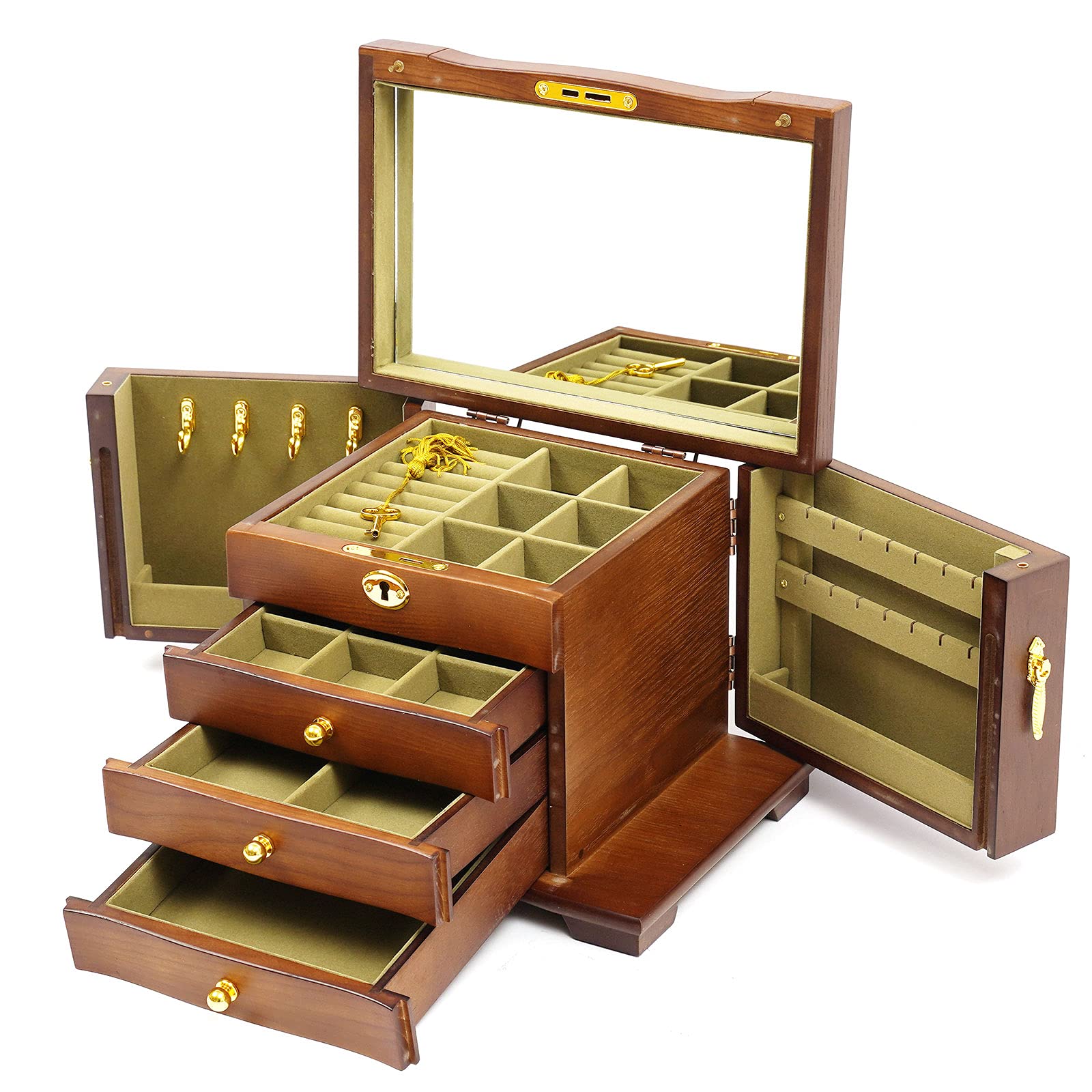 4-Layer Wooden Jewelry Box Organizer with Mirror & Lock - Jewelry Storage Case for Earrings, Rings, Necklaces & Bracelets - Perfect for Bedroom Vanity, Travel & Gift Giving