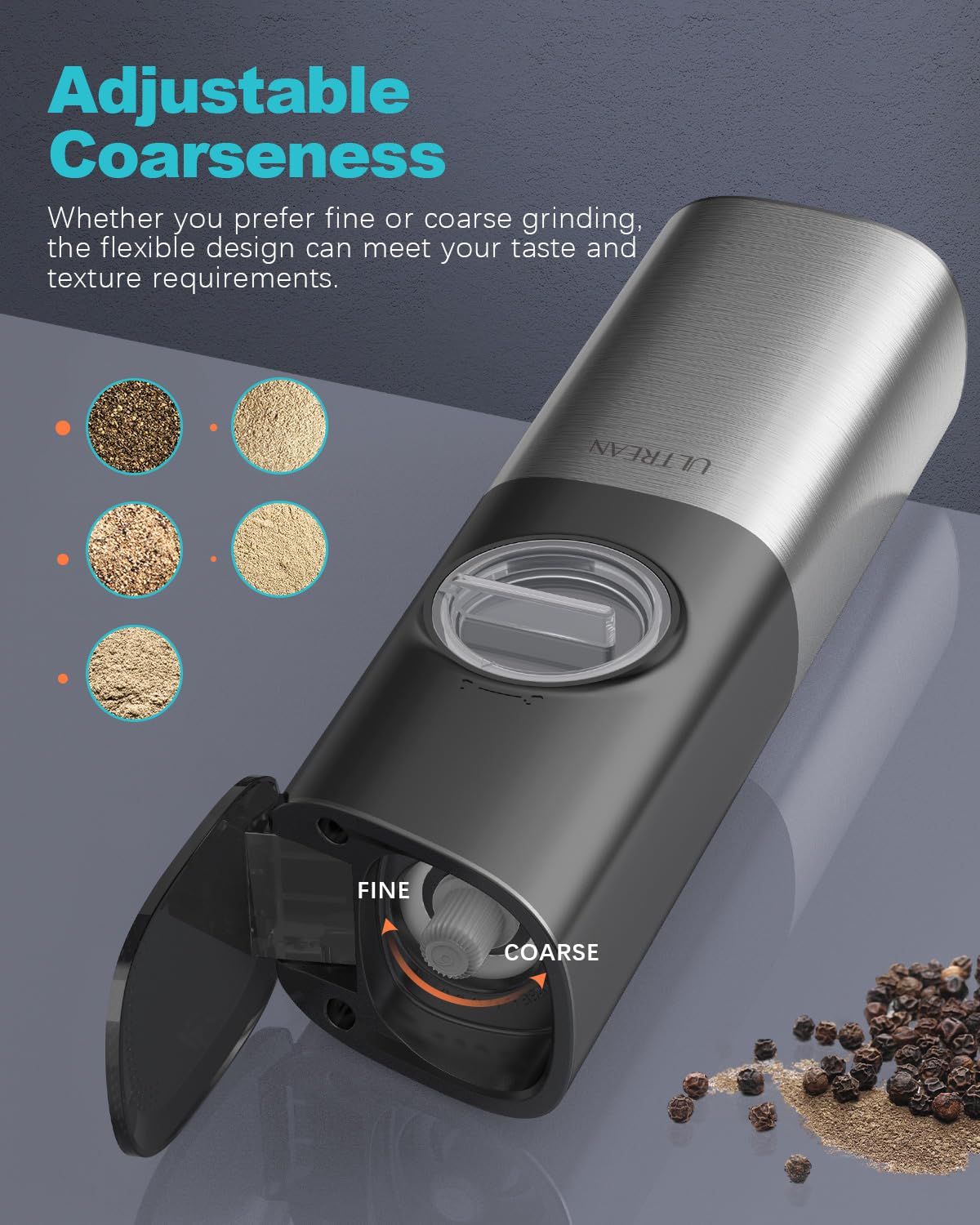 Ultrean USB Rechargeable Gravity Electric Salt and Pepper Grinder Set - Adjustable Coarseness, One-Hand Operation, Stainless Steel - Perfect for Kitchen, Dining Table & Outdoor BBQ