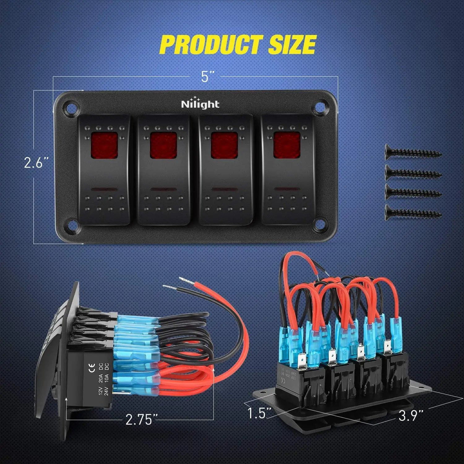 4 Gang Aluminum 5 Pin ON/Off Red Rocker Switch Panel - Heavy Duty Marine & Automotive Electrical Control for Boats, RVs, Trucks
