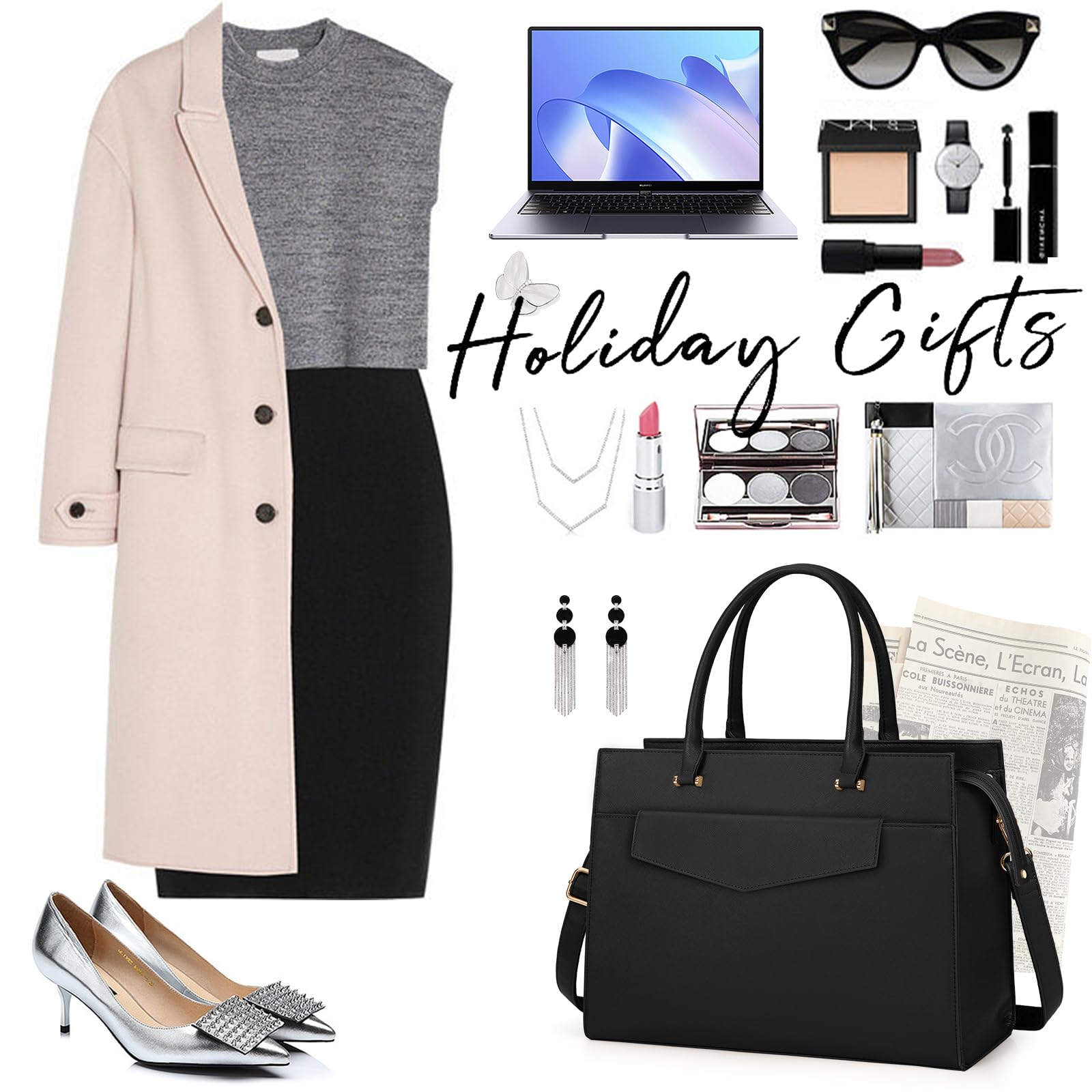 Stylish 15.6 Inch Leather Laptop Tote Bag for Women - Professional Work Bag with Matching Clutch Purse (2-Piece Set) - Perfect for Office, Business Travel, Teaching & Daily Commute - Black