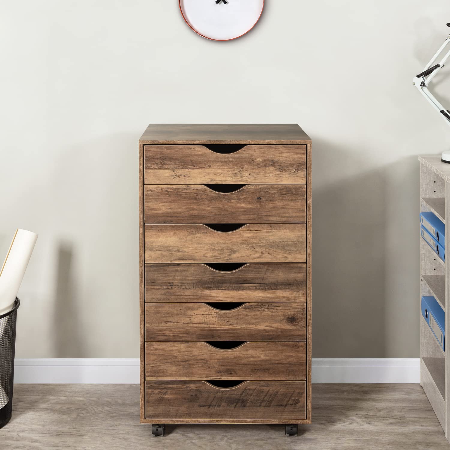 Naomi Home Debbie 7-Drawer Office File Storage Cabinet - Brown Oak Finish - Organize Documents, Files & Office Supplies - Perfect for Home Office, Study Room or Workspace