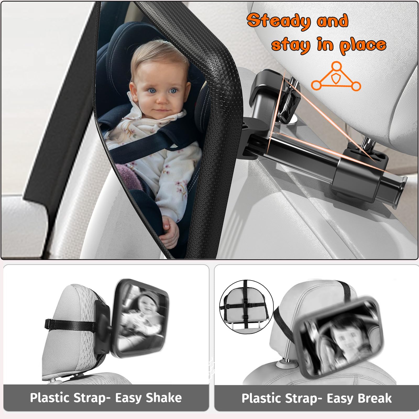 Rukie Baby Car Mirror - Shatterproof 360° Rotating Rear Facing Car Seat Mirror with Hook Clip | Wide Crystal Clear View for Safe Baby Monitoring | Easy to Install | Perfect for Road Trips & Daily Commutes with Infants