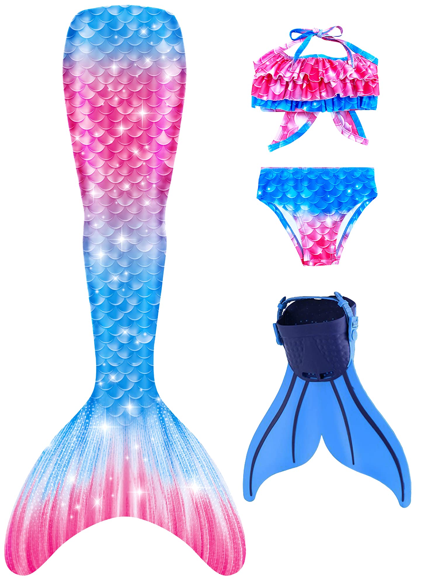 Sparkly Mermaid Tail Swimsuits with Monofin for Kids - Girls & Boys Swimwear for Pool, Beach & Underwater Play