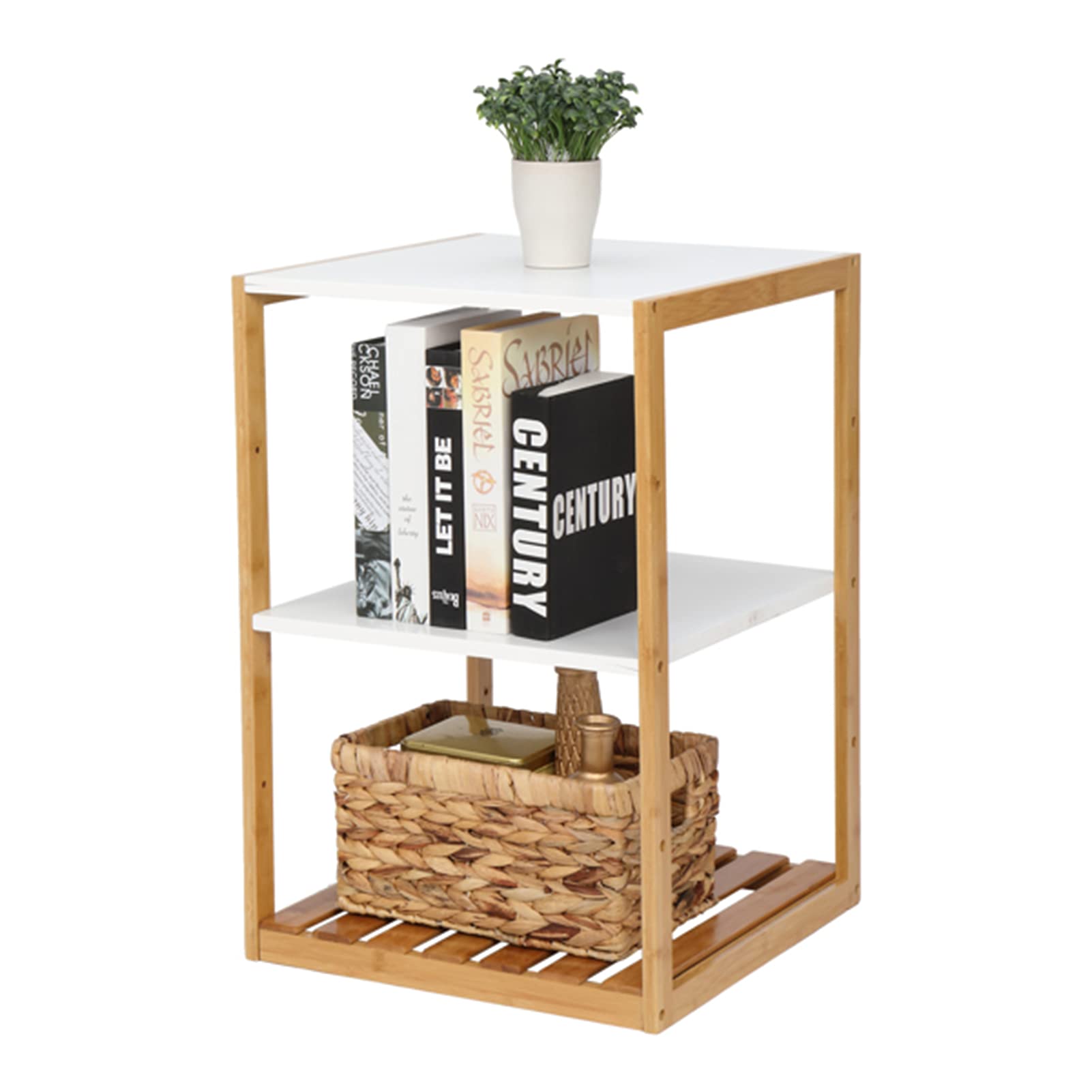 White Rectangular Bamboo Side Table with Natural Wood Legs - 3-Tier Accent Coffee Table for Living Room, Bedroom, Balcony & Office - Perfect for Small Spaces, Reading Nooks & Home Decor