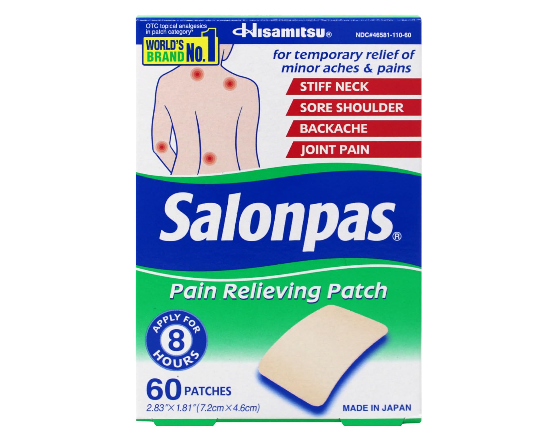 Salonpas Pain Relieving Patch for Back, Neck, Shoulder & Knee Pain Relief - 8 Hour Fast-Acting Muscle Soreness Relief - 60 Count (Pack of 2) - Perfect for Workout Recovery, Arthritis & Chronic Pain Management
