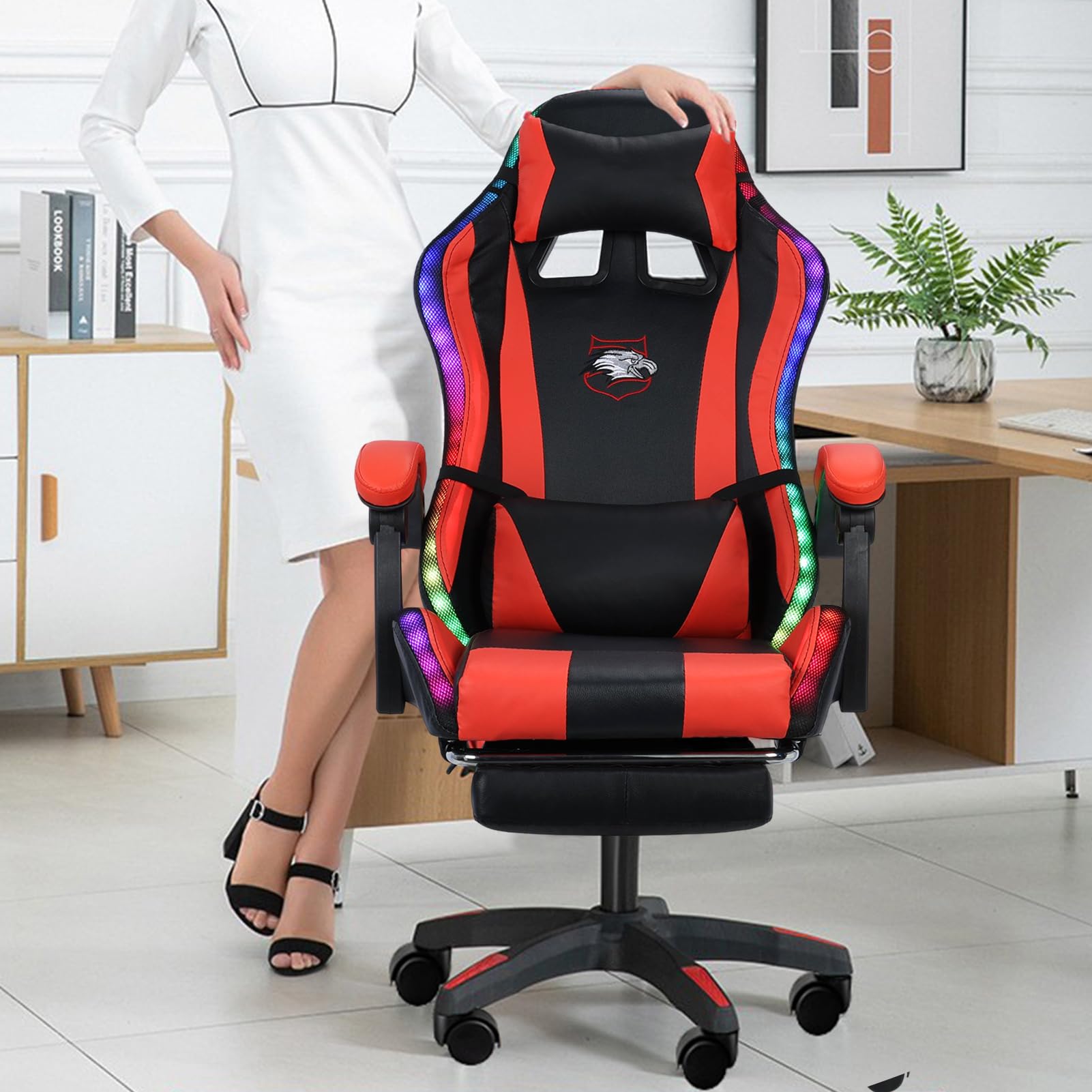 Ergonomic Gaming Chair with Bluetooth Speakers & RGB LED Lights - Adjustable Footrest, Lumbar Massage Support - 400lb Capacity Office Computer Desk Chair for PC & Console Gaming (Black & Red) - Perfect for Esports, Streaming & Home Office Setup