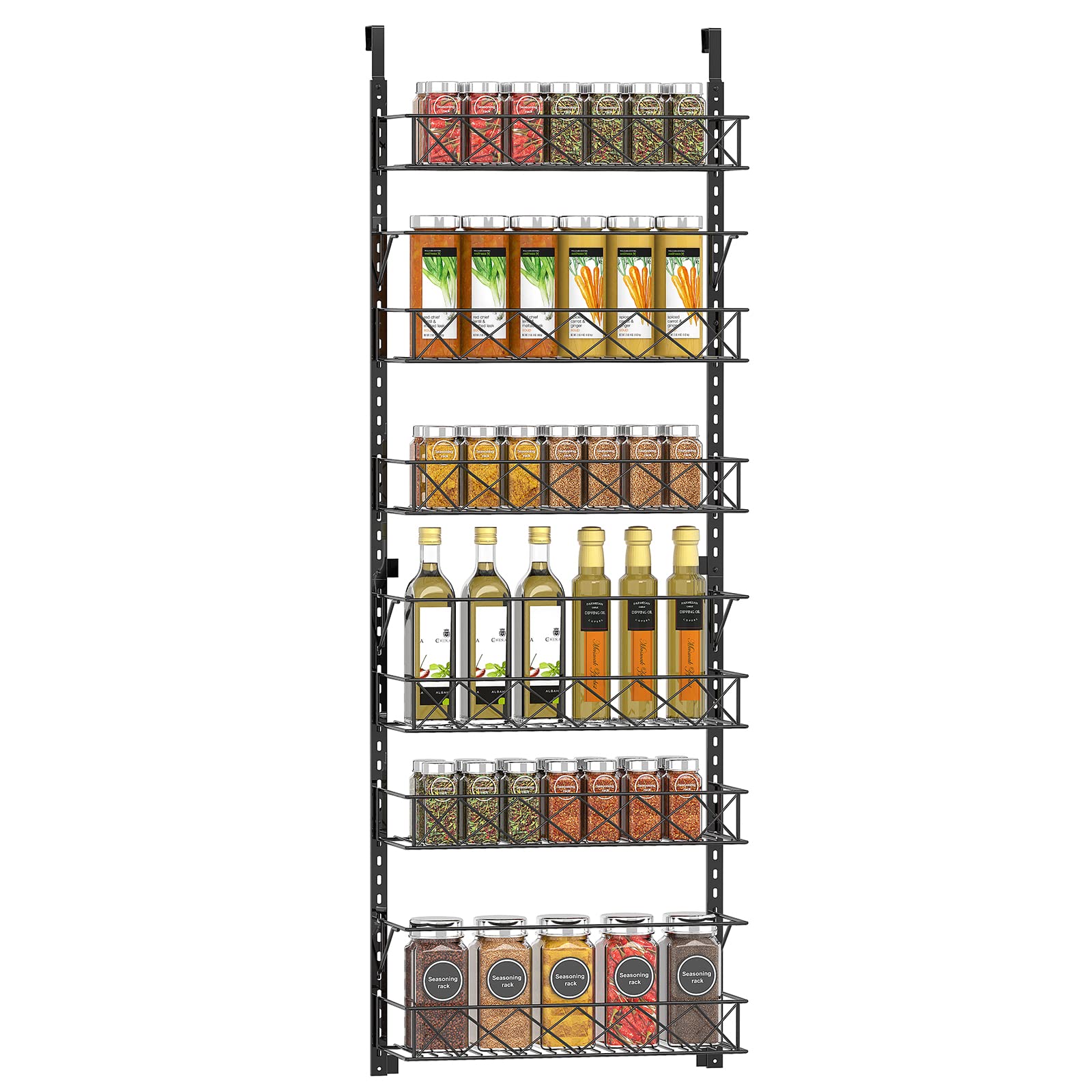 Auledio Over The Door Pantry Organizer Rack - Adjustable 6 Basket Hanging Storage for Spices, Kitchen & Closet - Space Saving Black Organizer for Home & Office Use