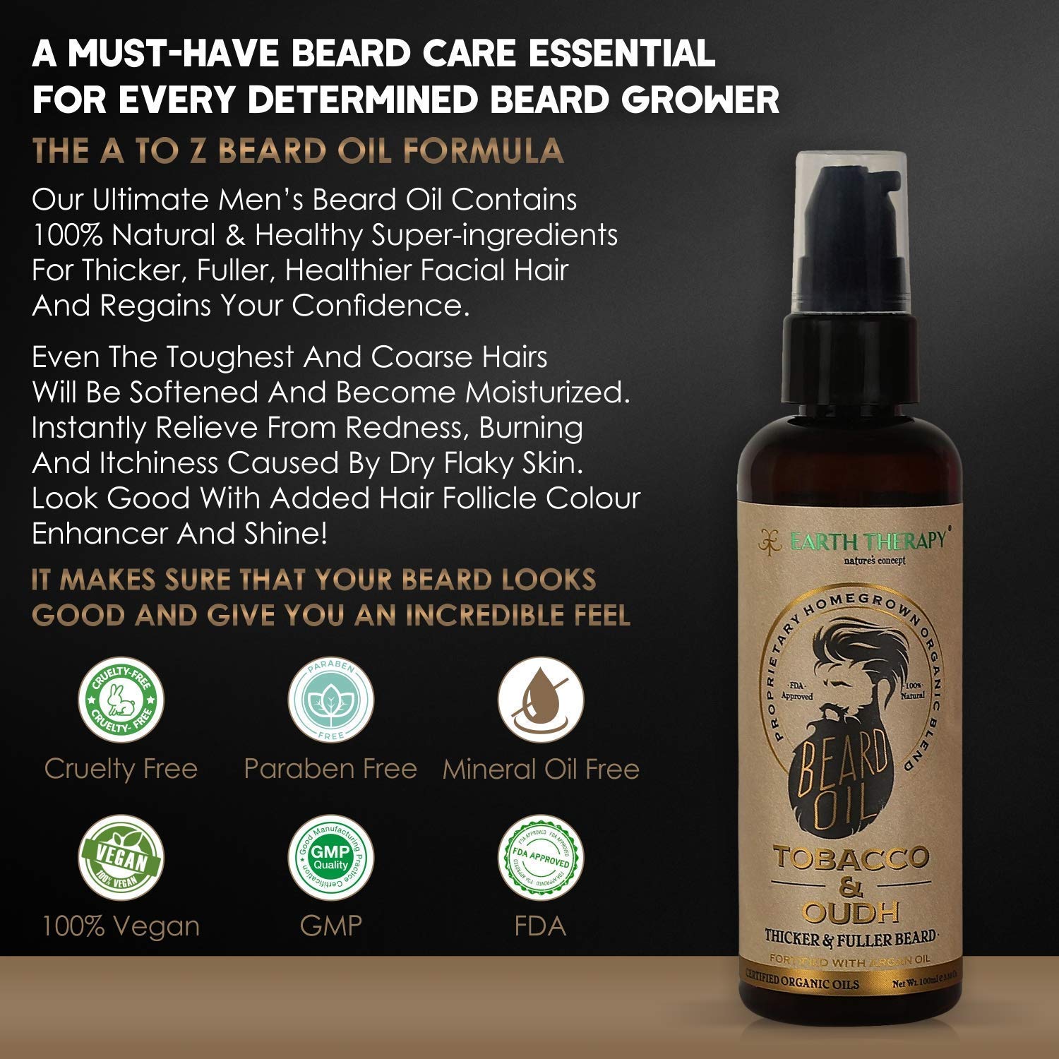 EARTH THERAPY Natural Beard Oil for Men - 100ml | Organic Mustache & Beard Growth Conditioner with Nourishing Ingredients | Perfect for Daily Grooming & Styling