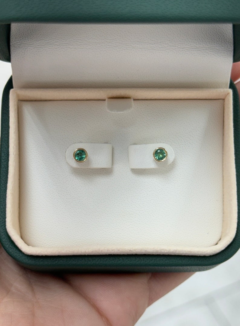 0.50tcw 14K Natural Lush Medium Green Round Cut Bezel Set 3.70mm Gold Baby Emerald Stud Earrings for Women - Perfect for Everyday Wear, Gift Giving & Special Occasions