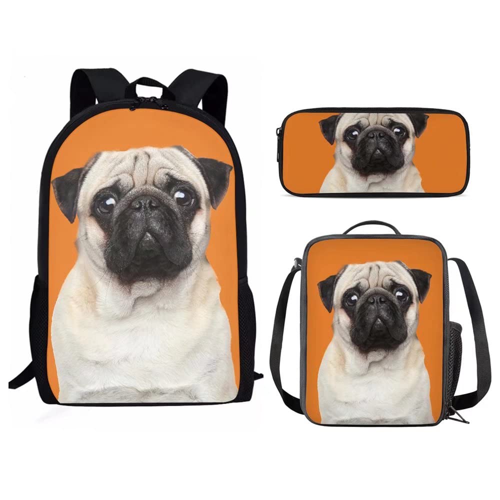 Cute Pug Print Kids School Backpack - Durable Bookbag with Lunch Bag & Coin Purse for Boys and Girls - Perfect for School, Travel, and Daily Use