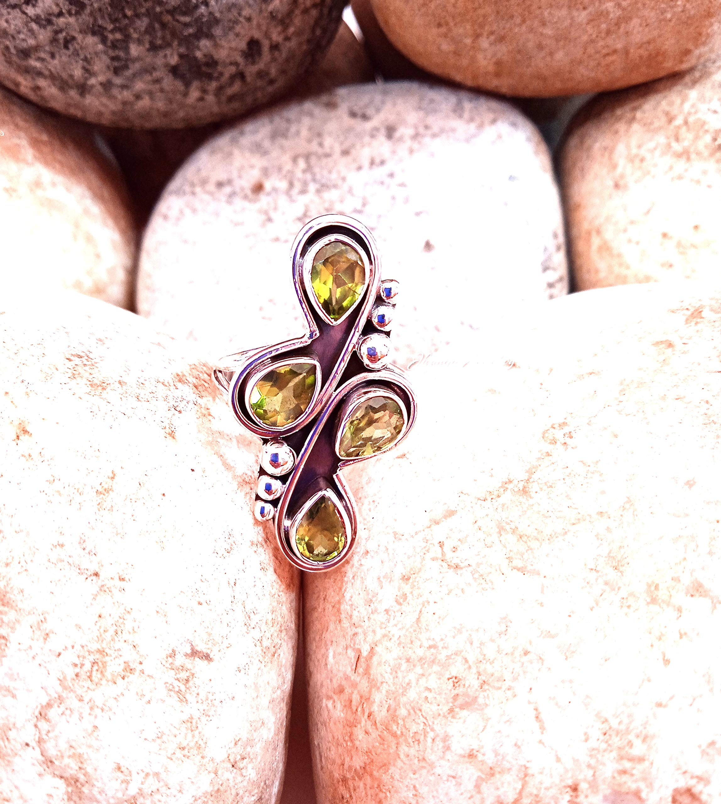 Handcrafted Sterling Silver Peridot Ring - Vintage Four Stone Boho Jewelry for Women | Unique Artisan Bridal Gift, Antique Statement Piece | Perfect for Weddings, Anniversaries & Boho Fashion