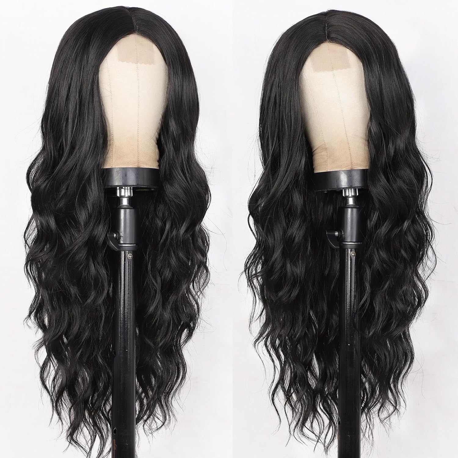 PORSMEER 26 Inch Long Black Wavy Wig for Women - Heat Resistant Synthetic Lace Front Wig with Middle Part, Natural Looking Curly Hair for Daily Wear & Party | Perfect for Cosplay, Halloween & Special Occasions