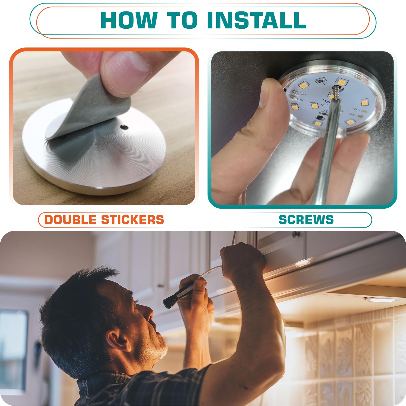 Under Counter LED Light Kit - Daisy Chain Linkable Under Cabinet Puck Lights with Touch Dimmer, 0.3