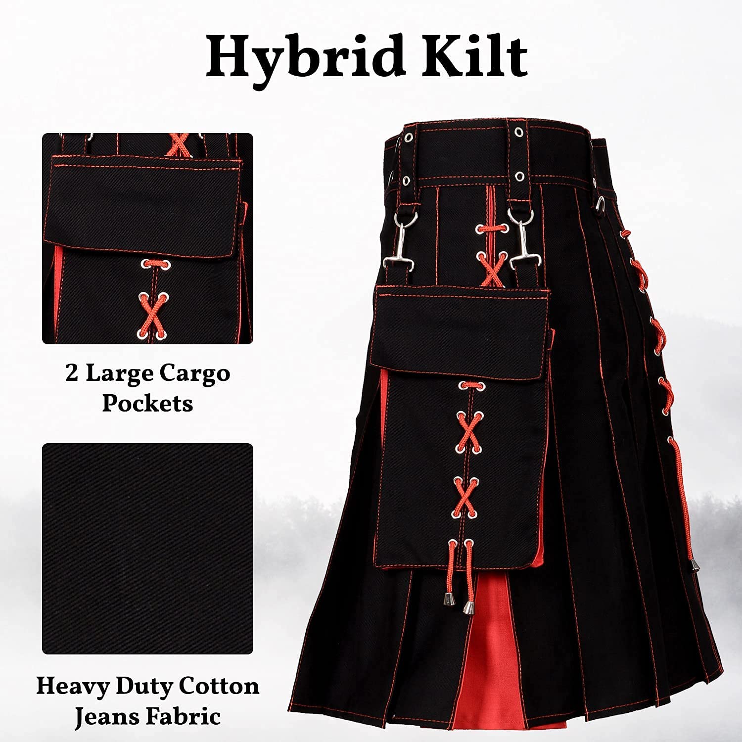 **Men's Hybrid Utility Kilts - 100% Cotton Sport & Traditional Highland Kilt in Black & Red (32