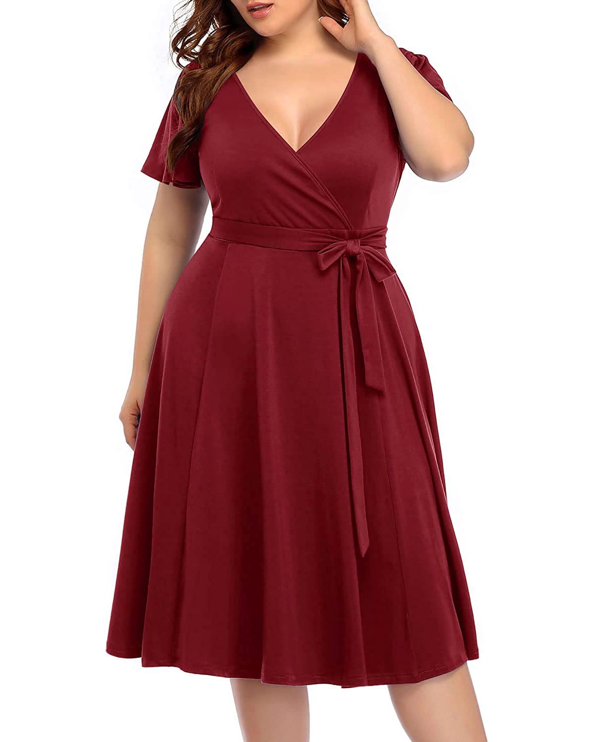 Plus Size Pinup Fashion Women's Cocktail Dress for Wedding Guest - Semi Formal Wrap Empire Waist Midi Dress for Parties, Date Night & Special Occasions