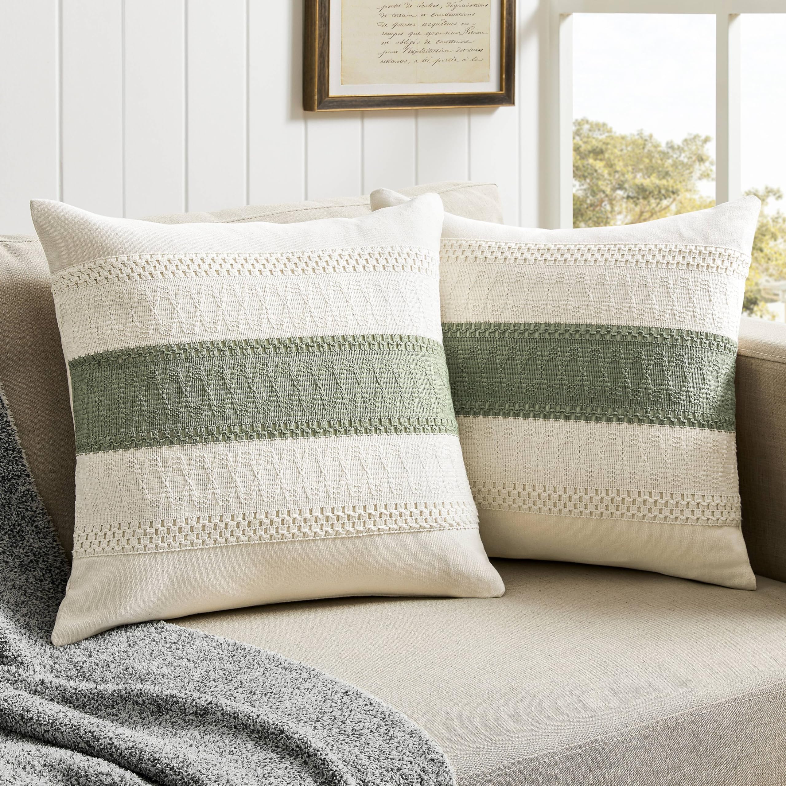 ZeeMart 2 Pack Cotton Boho Throw Pillow Covers 18x18 Inch - Sage Green & Contrast Green Farmhouse Decorative Cushion Covers for Sofa, Bed, Living Room - Soft & Stylish Home Decor for Cozy Boho Chic Interiors
