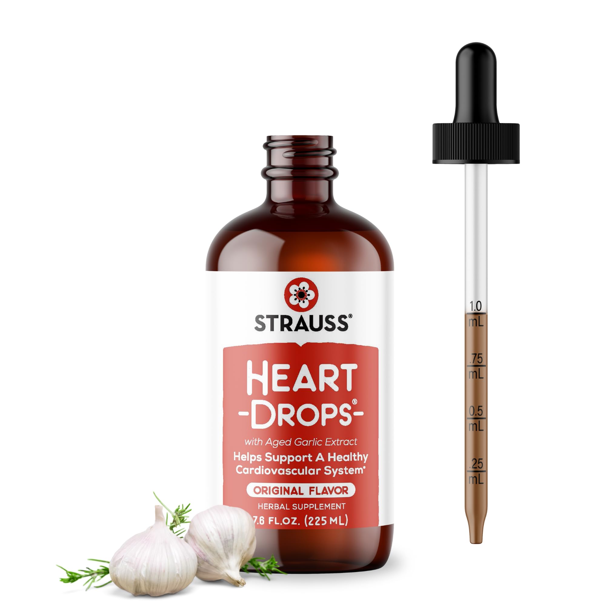 Strauss Naturals Heart Drops - Natural Mistletoe & Aged Garlic Extract Supplement for Cardiovascular Support - Vegan, Non-GMO Heart Health Formula - 225ml Bottle - Supports Healthy Blood Pressure & Circulation for Active Lifestyles
