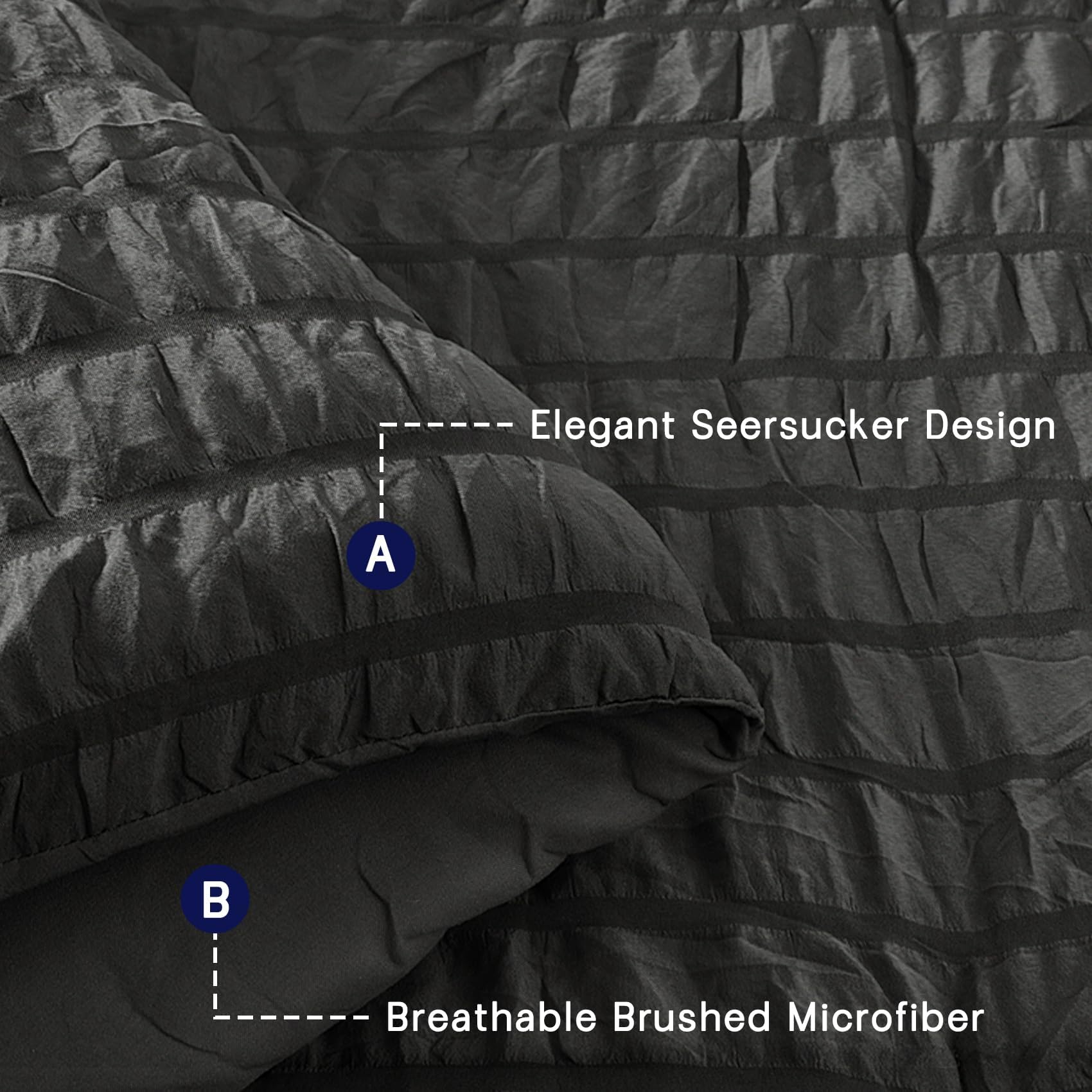 SunStyle Home King Size Comforter Set - 7 Piece Seersucker Bed in a Bag with Flat Sheet, Fitted Sheet, Pillowcases & Sham | All Season Lightweight Bedding for Comfortable Sleep | Dark Grey Luxury Bed Set for Master Bedroom, Guest Room & Dorm