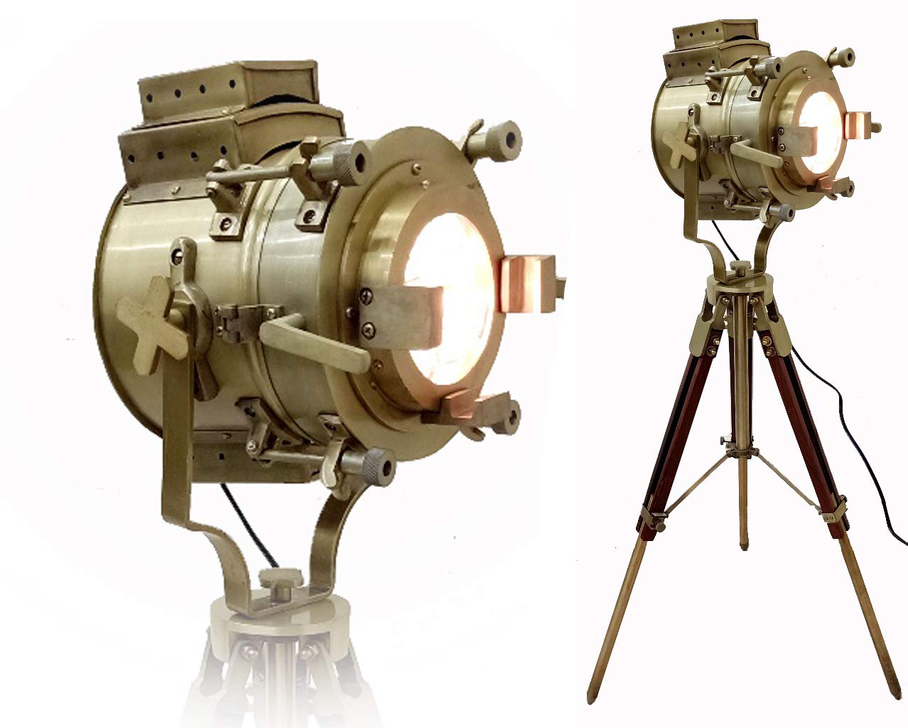 Vintage Antique Theater Marine Searchlight with Wooden Tripod - Retro Nautical LED Spotlight for Studio, Home Decor, Rustic Vintage Gifts | Perfect for Themed Parties, Coastal Living Rooms & Photography Lighting
