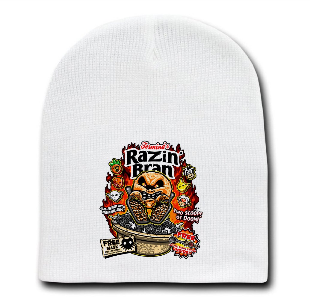 White Adult Beanie Skull Cap Hat - Razin' Bran Parody Design - Warm Winter Knit Hat for Men & Women - Perfect for Cold Weather, Outdoor Activities and Funny Gifts