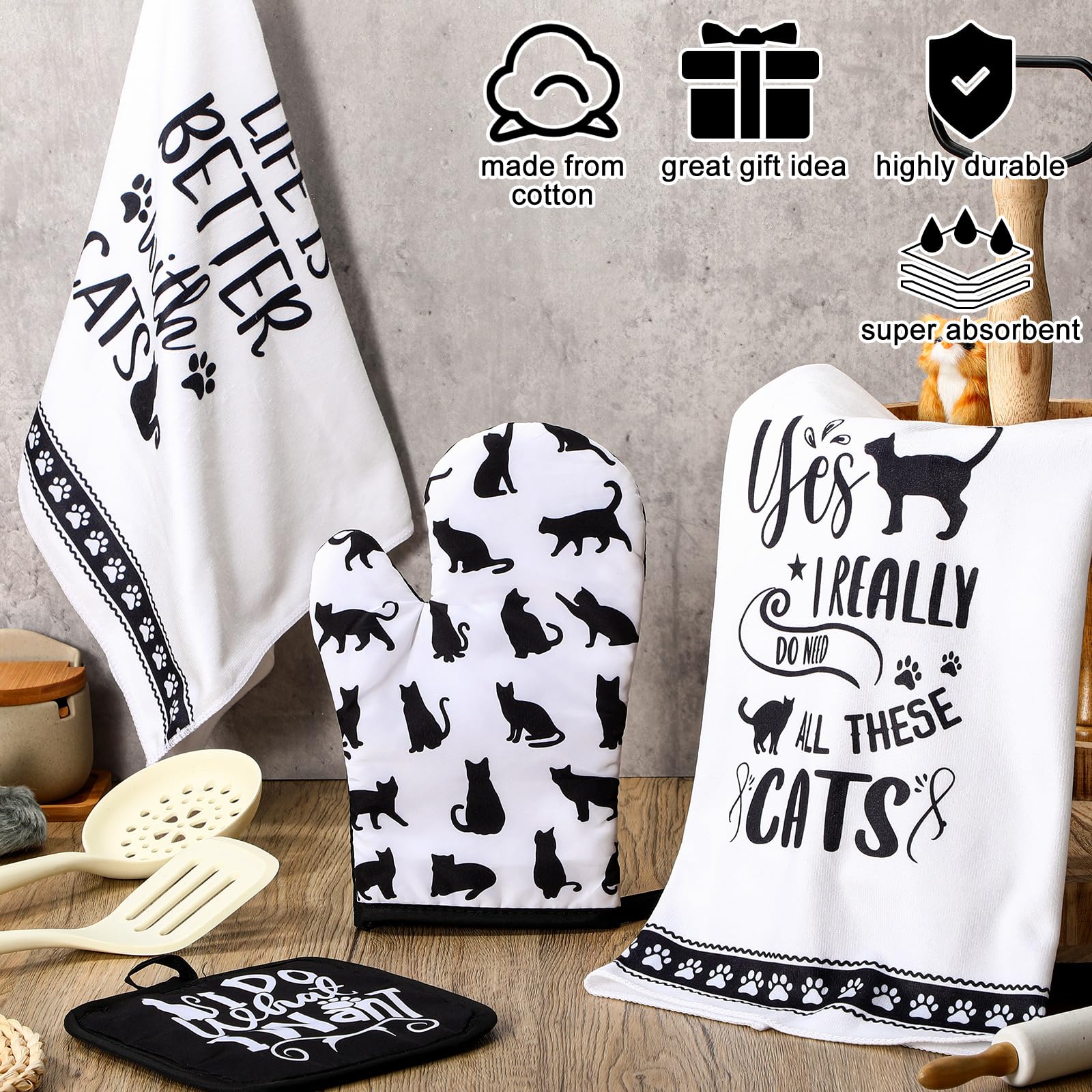 Premium 4-Piece Kitchen Set - Dish Towels, Pot Holders & Oven Mitts for Baking - Cat Lover Theme - Black & White Cotton Kitchen Accessories - Perfect for Home Cooking, Holiday Gifts & Kitchen Decor