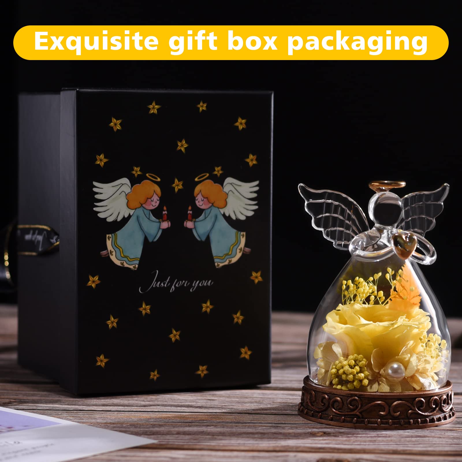 Preserved Real Rose in Glass Angel Figurine with LED Light - Eternal Flower Gift for Women, Mom, Grandma | Perfect for Mother's Day, Christmas, Birthday, Anniversary & Home Decor (Yellow)