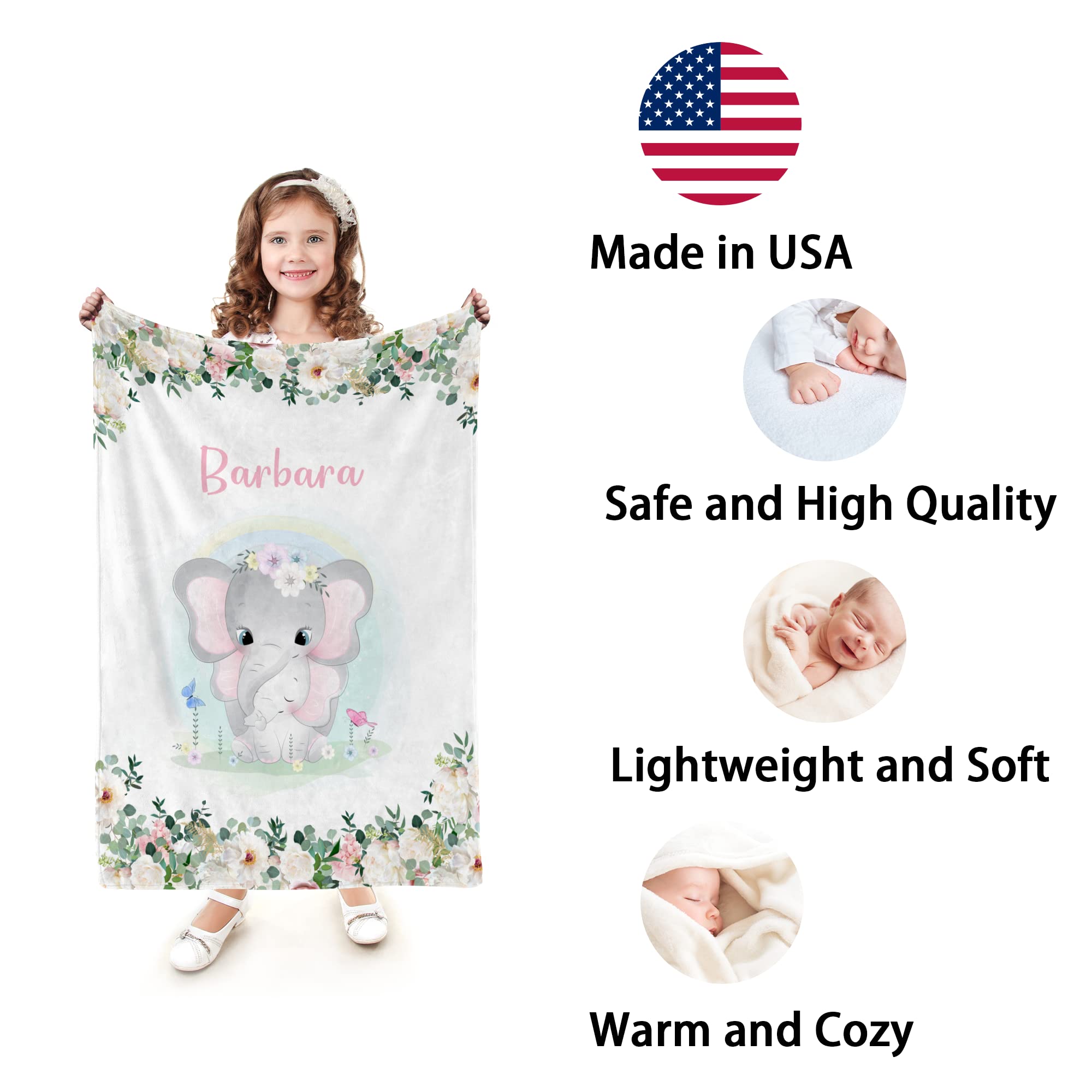 Personalized Elephant Flannel Throw Blanket for Kids & Toddlers - Custom Name Monogram, Super Soft Baby Nursery Blanket | Perfect for Bedtime, Playtime & Gift Giving