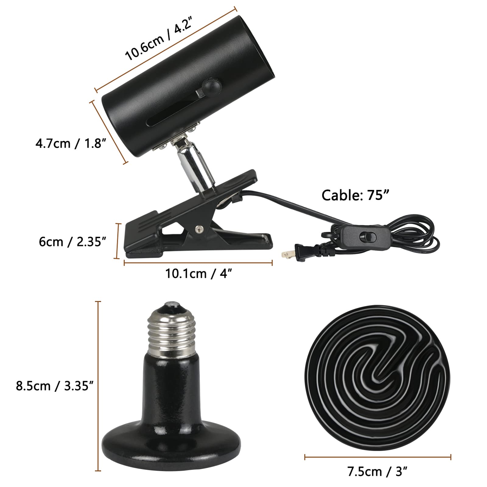 COOSPIDER 100W Ceramic Heat Emitter Reptile Heat Lamp - 360° Rotatable Clip Stand, Adjustable Bracket, No Light Brooder Coop Heater for Turtles, Snakes, Chickens & Lizards | Perfect for Terrariums, Vivariums & Reptile Habitats