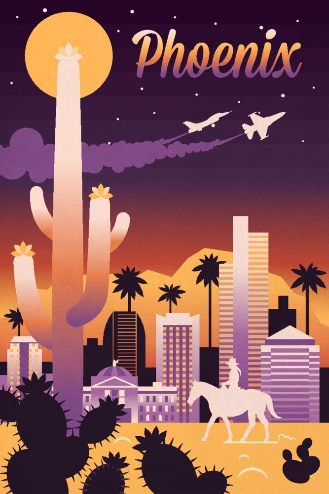 Phoenix Arizona Retro Skyline Chromatic Series - 12x18 Wall Art Poster for Home & Office Decor | Vintage Cityscape Print for Living Room, Bedroom, or Gift