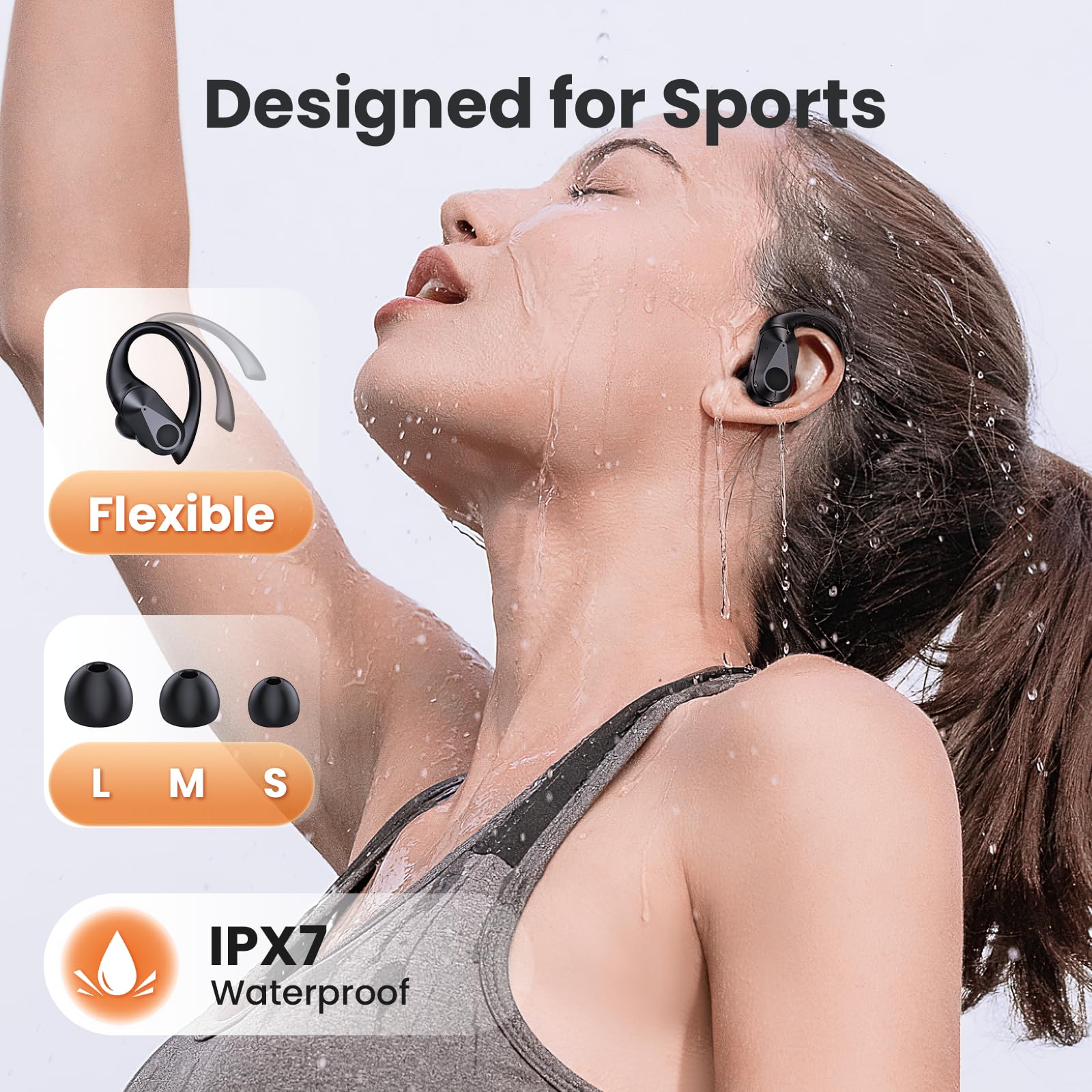 Wireless Bluetooth Earbuds with 90Hrs Playtime, IPX7 Waterproof, Wireless Charging Case & LED Power Display - Stereo Bass Sports Earphones with Over-Ear Earhooks (Black) - Perfect for Running, Gym Workouts & Outdoor Activities