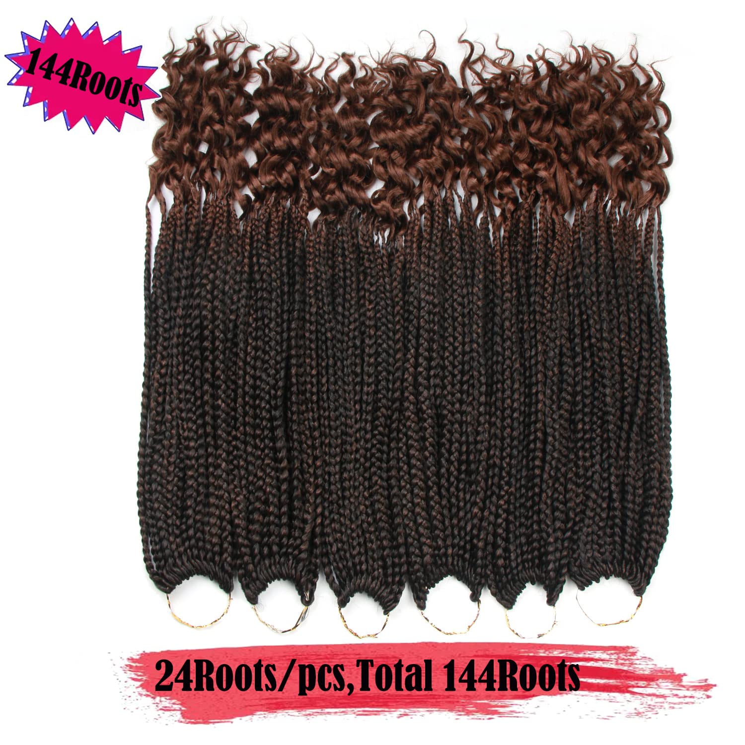 18 Inch 144 Roots Crochet Braiding Hair Extensions with Curly Ends - Ombre Brown Box Braid Synthetic Hair for Women (1B/30 Black & Brown) | Perfect for Protective Styles, Twist Outs & Everyday Wear