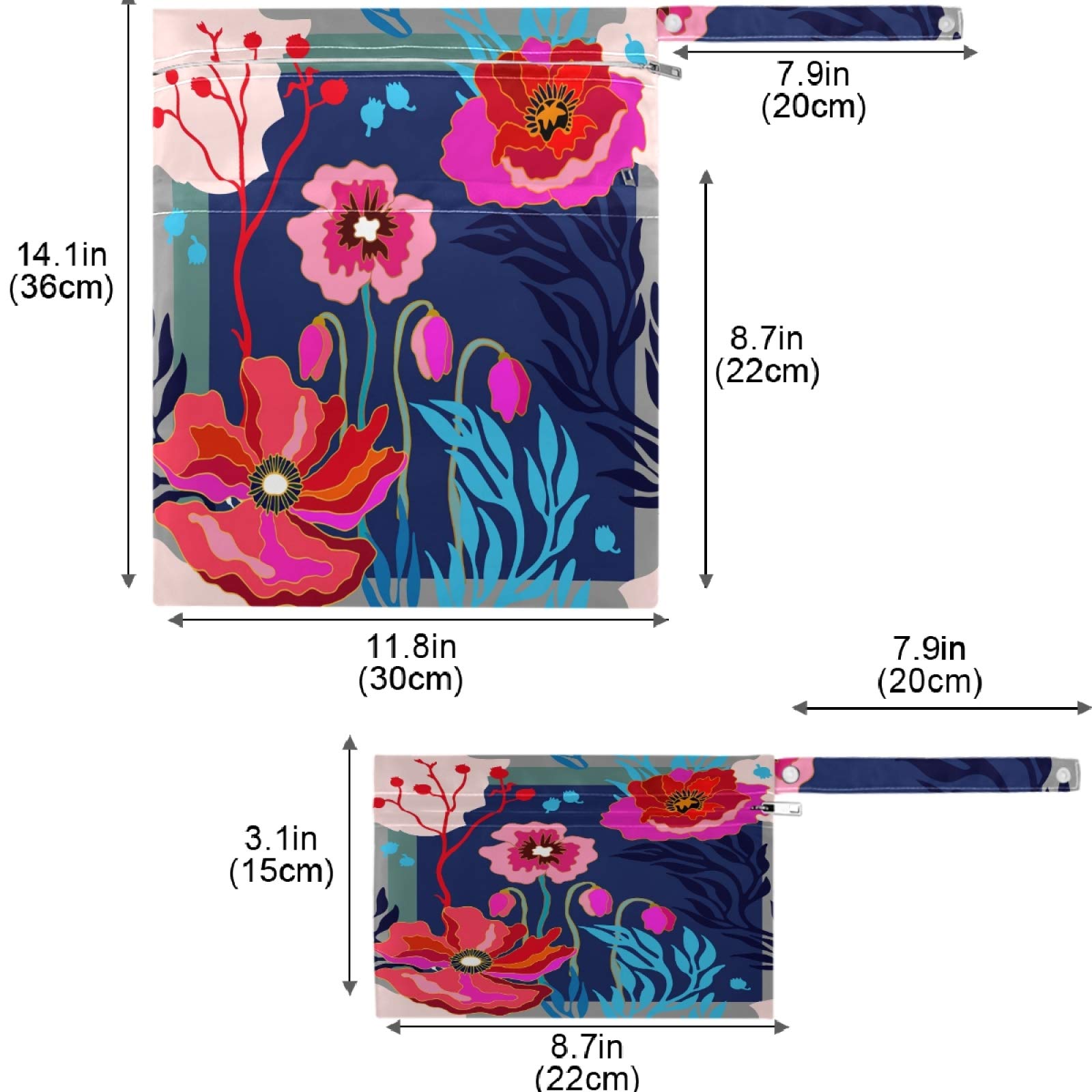 Visesunny 2-Pack Cute Floral Wet Bags with Zipper Pockets - Reusable Waterproof Washable Storage for Diapers, Swimsuits & Gym Clothes - Perfect for Travel, Beach, Pool, Daycare, Stroller & Toiletries Organization