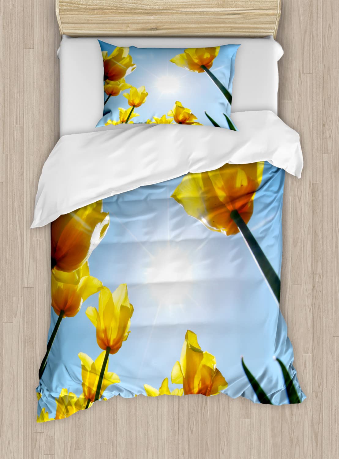 Ambesonne Yellow and Blue Duvet Cover Set - King Size 2-Pack with 2 Duvet Covers & 4 Pillowcases, Vibrant Tulip Flower Field Design for Summer Bedroom Decor | Perfect for Guest Rooms, Master Bedrooms, and Seasonal Home Refresh