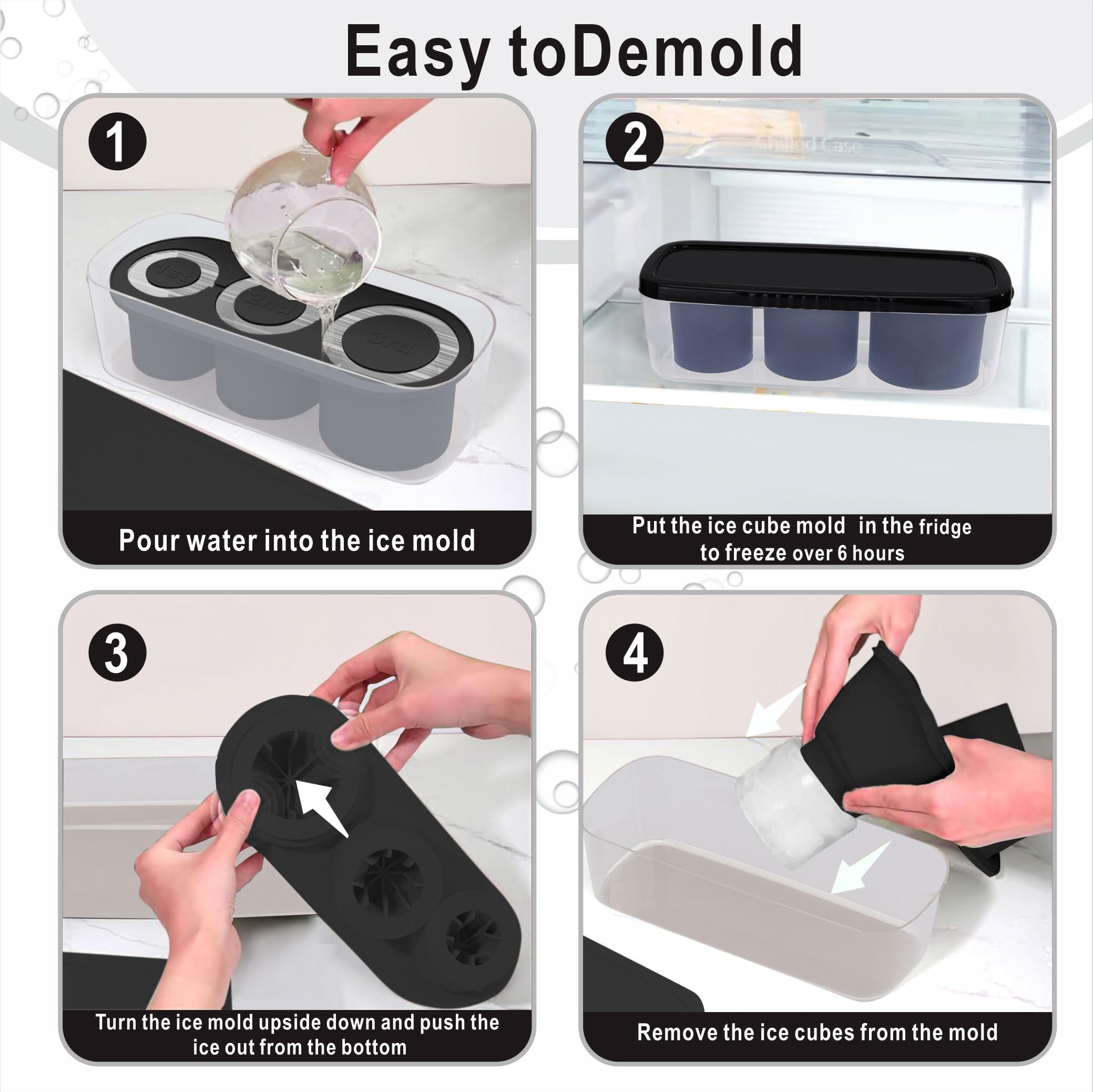 Silicone Ice Cube Tray for 30-40oz Tumblers (Stanley/Yeti/Simple Modern Compatible) with Bin & Lid - Black | Perfect for Cocktails, Iced Coffee & Cold Drinks at Home or Office