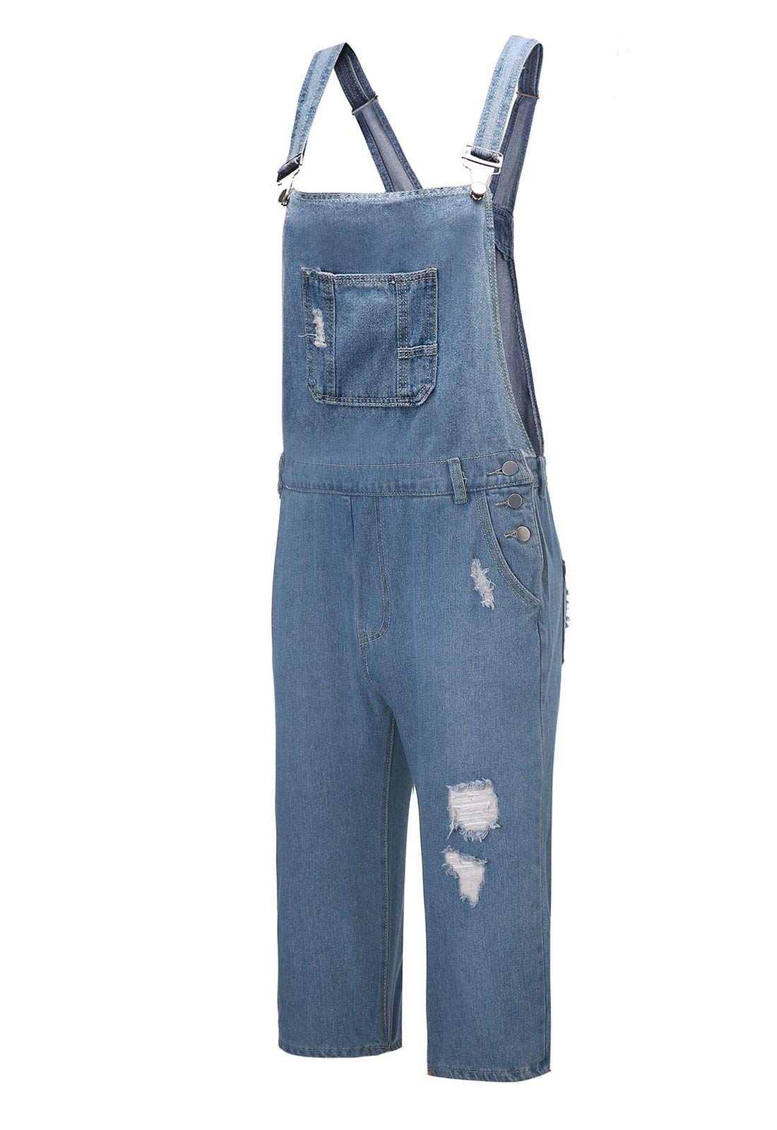 Flygo Men's Bib Overalls Shorts - Ripped Denim Jumpsuit Romper for Casual Wear | Durable Workwear & Summer Outdoor Activities