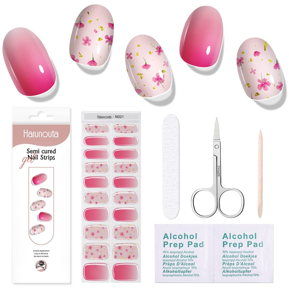 20 Tips Pink Flowers Semi Cured Gel Nail Strips N021 - DIY Salon-Quality Nails at Home for Parties, Weddings & Special Occasions