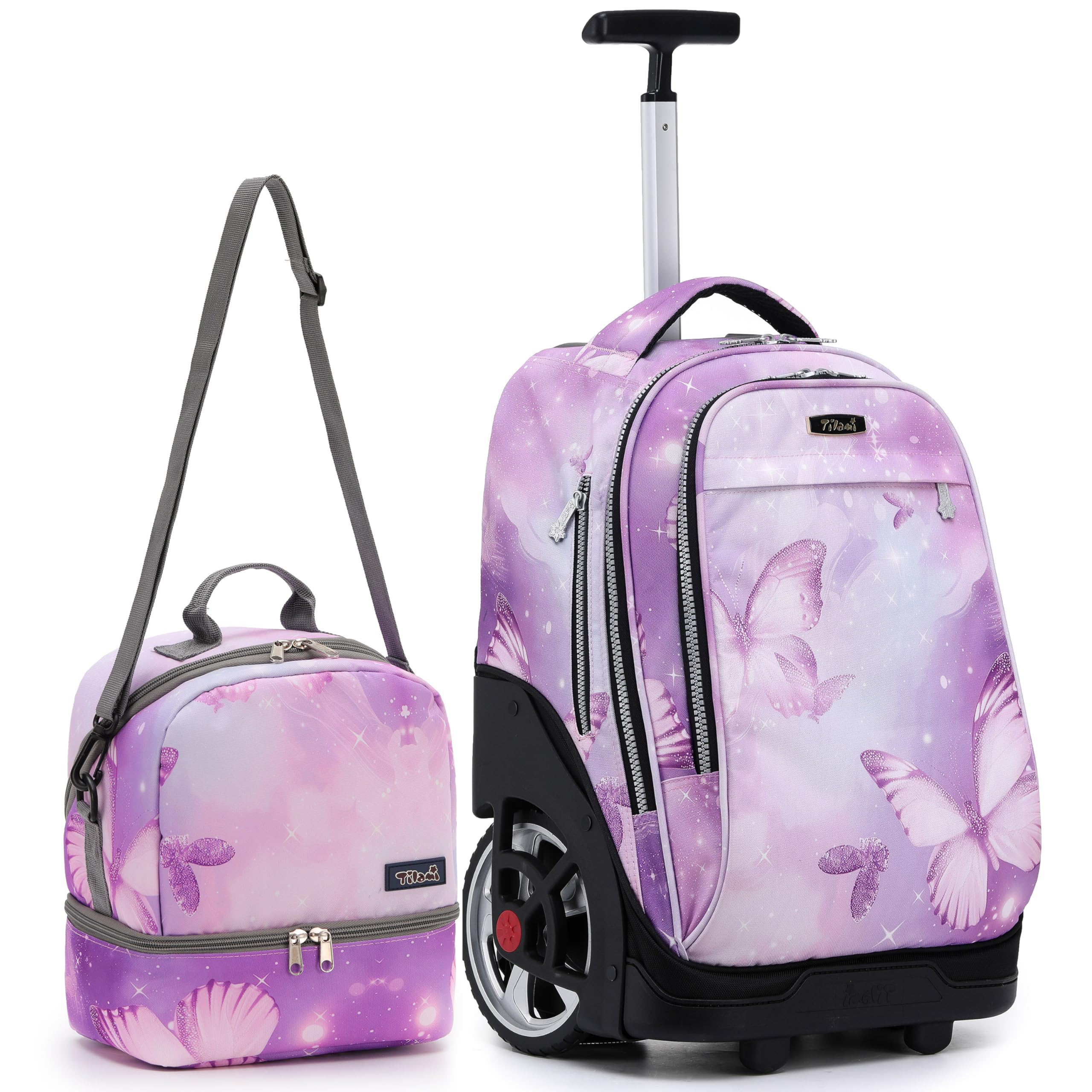 TILAMI 19 Inch Rolling Backpack with Lunch Bag - Wheeled Laptop Backpack for School & Travel, Kids & Teens (Evening Butterfly Pattern, No USB Port) - Perfect for Commuting, Air Travel, and Daily School Use