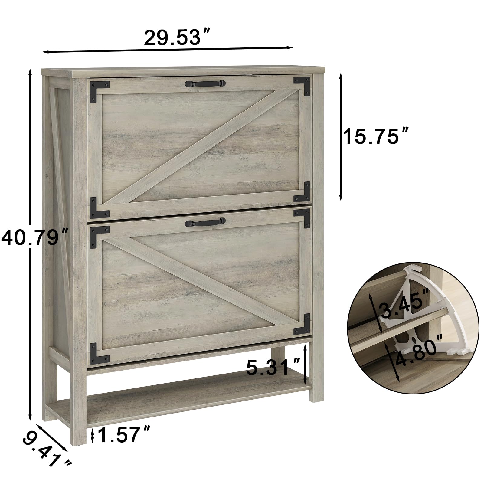 5-Tier Rustic Grey Shoe Storage Cabinet with 2 Flip Drawers - Farmhouse Entryway Organizer, Narrow Freestanding Wooden Shoe Rack for Hallway, Living Room & Bedroom Closet Organization