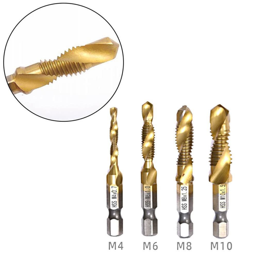 4Pcs HSS Drill and Tap Bit Set - M4 M6 M8 M10 Metric Thread with 1/4