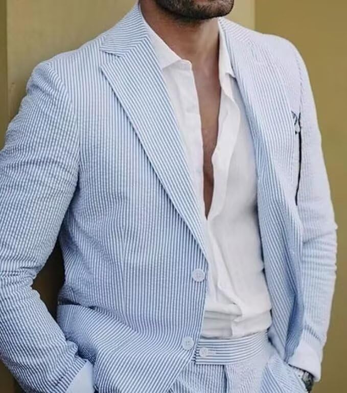 Men's Blue Seersucker Summer Suit - Slim Fit Formal Wedding Suit for Grooms | Breathable Lightweight Business Attire & Outdoor Summer Events