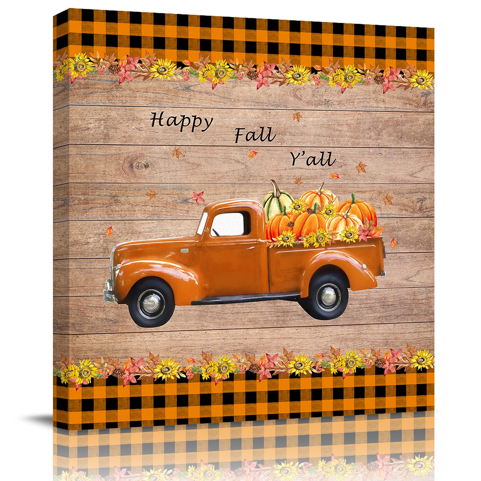 Happy Fall Y'all Truck Pull Pumpkins Rustic Wood Grain Canvas Wall Art - Framed Ready to Hang Bathroom & Home Decor for Living Room, Kitchen, Office - Perfect for Autumn, Thanksgiving & Farmhouse Style Decorations