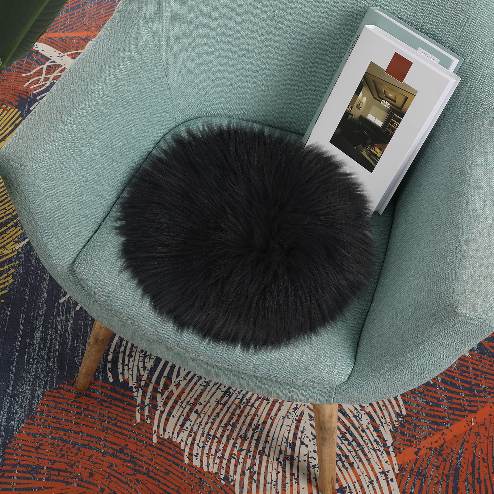 Soft Faux Fur Round Chair Pad Protector - 30cm Black Small Rug for Desk, Sofa & Couch Seat Cover | Home Decor for Living Room, Kids Bedroom | Perfect for Photography Background & Craft Projects