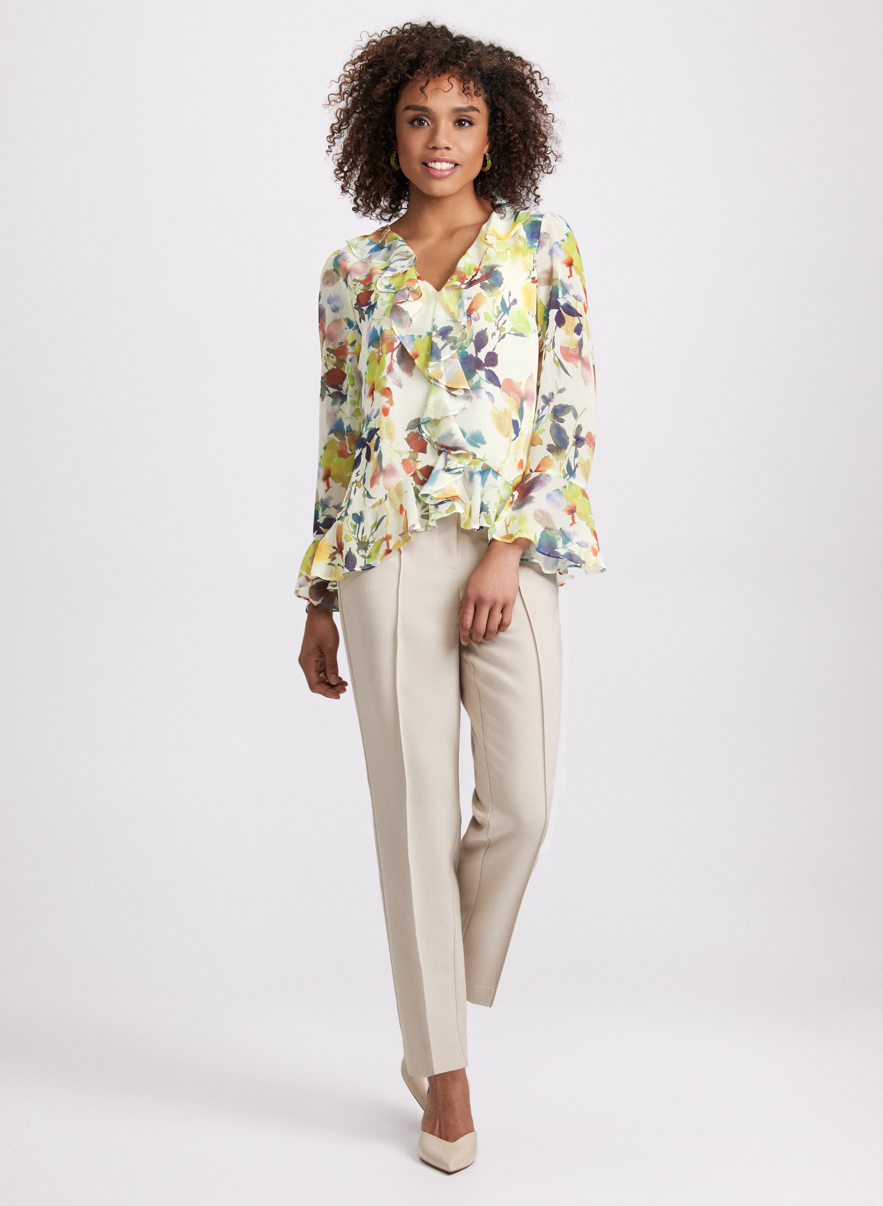 Floral Ruffle Front Blouse for Women - Elegant Flowy Top with Feminine Ruffles - Perfect for Spring, Summer, Office Wear & Date Nights