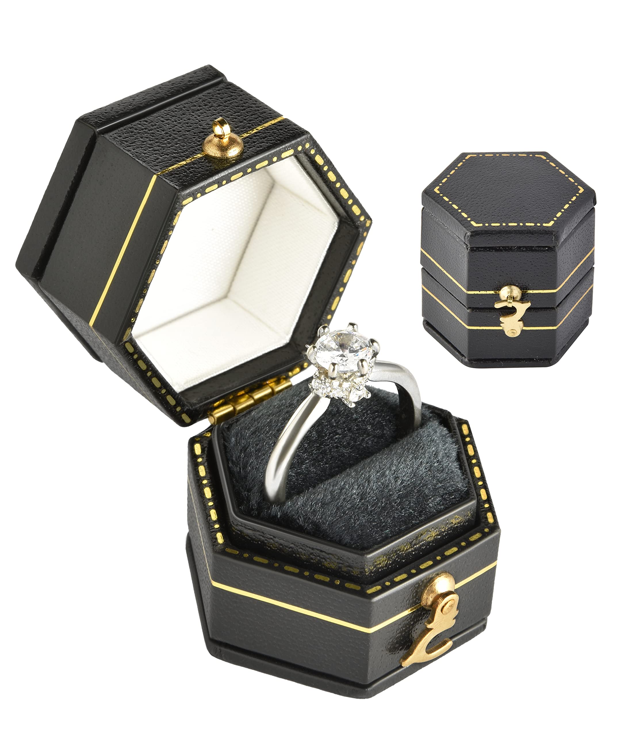 TAIMY Vintage Ring Box - Handcrafted Antique Victorian Style Jewelry Box for Dresser Tabletop, Hexagon Black Keepsake Box | Perfect for Wedding Rings, Engagement Proposal, Gift Presentation & Bedroom Decor