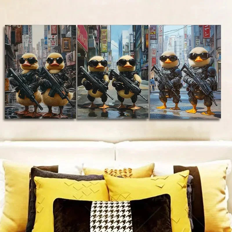 Cyberpunk Armor Baby Ducks Wall Art Set - 3 Piece Framed Canvas Prints 40x60cm, High Quality Australian Made Home Decor for Nursery, Kids Room & Gaming Room