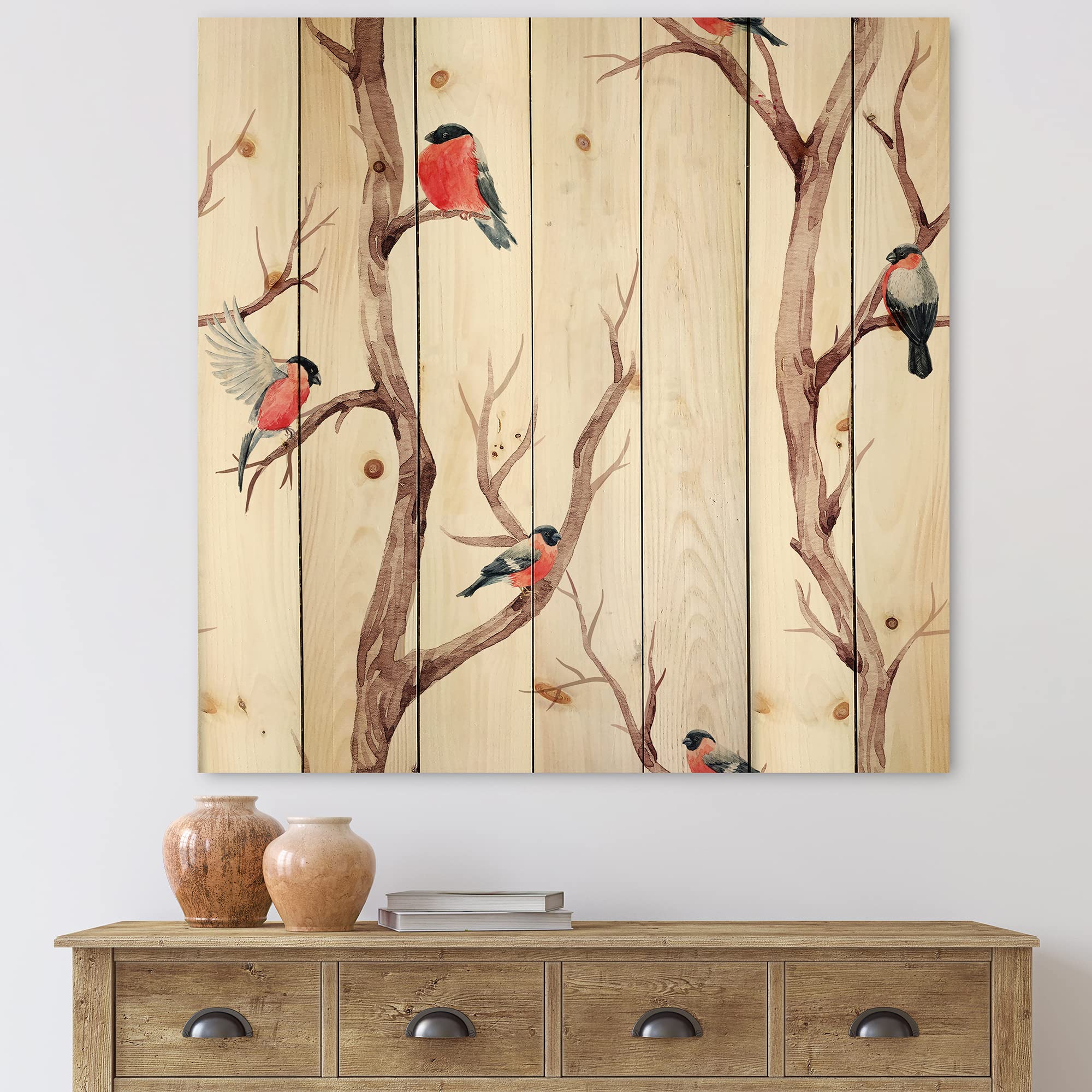 DesignQ Little Birds on Tree Branches III - Traditional Wood Wall Decor, White Wood Wall Art, Large Animal Wood Panels Printed on Natural Pine - Perfect for Living Room, Bedroom & Office Decor