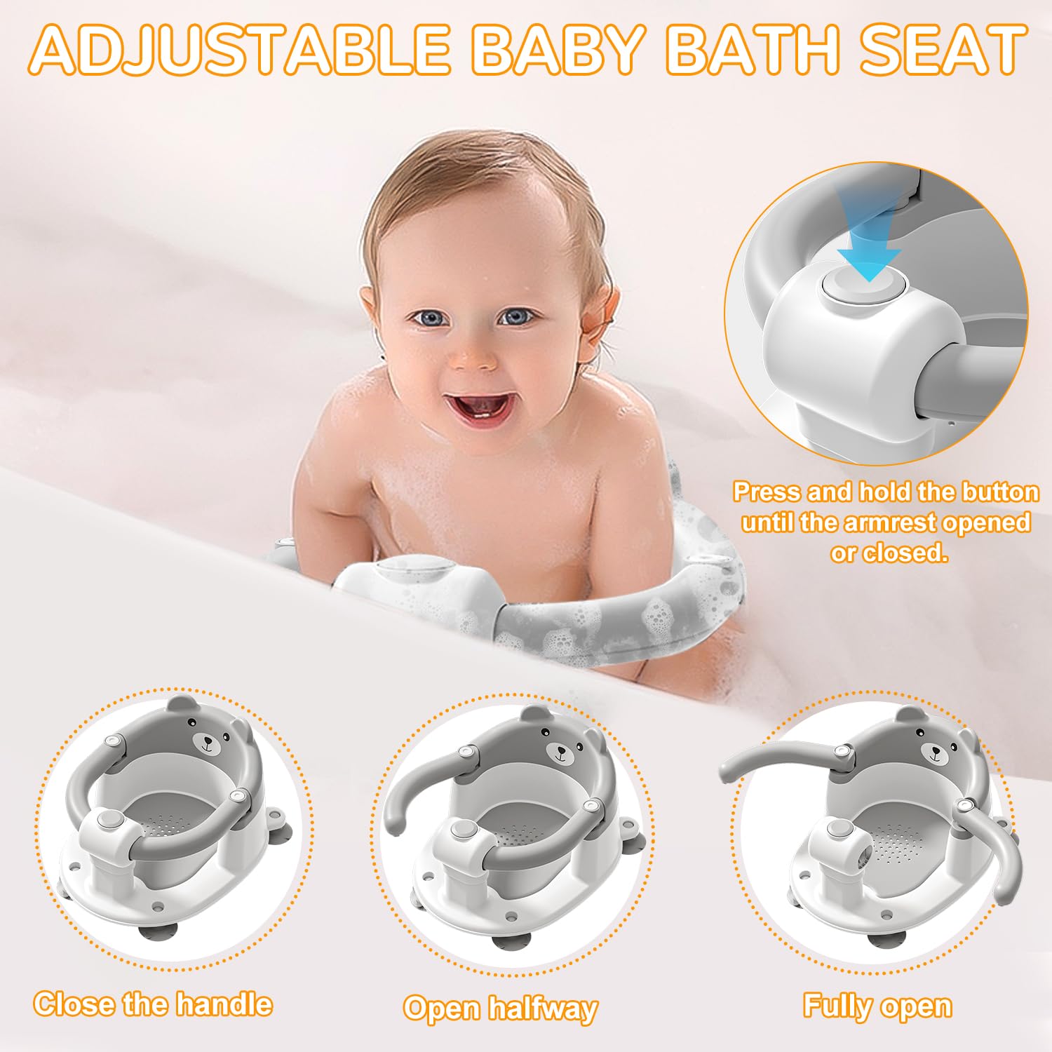 **Non-Slip Baby Bath Seat for Infants 6+ Months – Safe Toddler Bathtub Chair with 4 Suction Cups & Soft Cushion – Gray – Perfect for Newborns Learning to Sit Up in Shower or Tub**