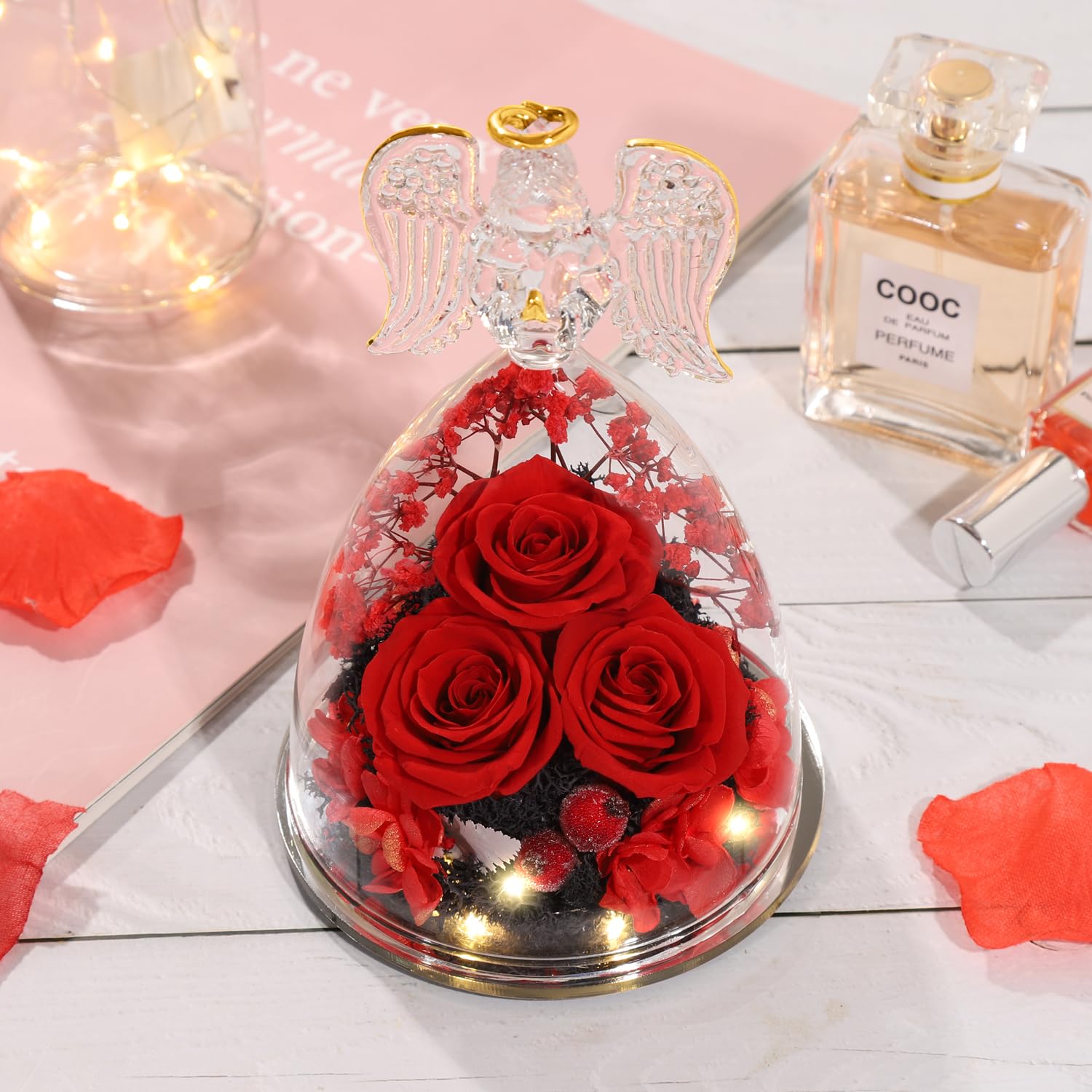 ANWEAO Preserved Rose in Glass with LED Angel Figurine - Eternal Flower Gift for Women, Mothers Day, Birthday, Anniversary - Perfect Gift for Mom, Wife, Grandma - Romantic Home Decor & Keepsake Present